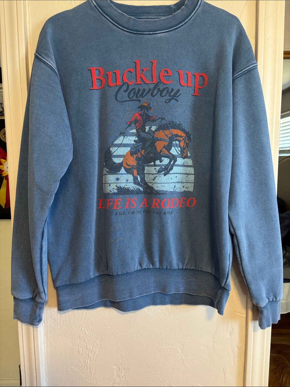 Buckle Up Cowboy Blue Graphic Crewneck Sweatshirt
